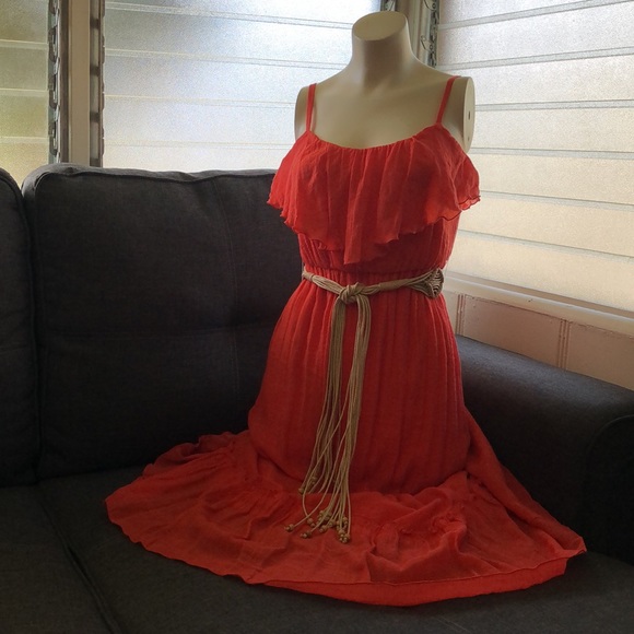 BCX Dresses & Skirts - BCX Orange Ruffled High-Low Dress Macrame Belt Adjustable Straps Flirty Sz XS